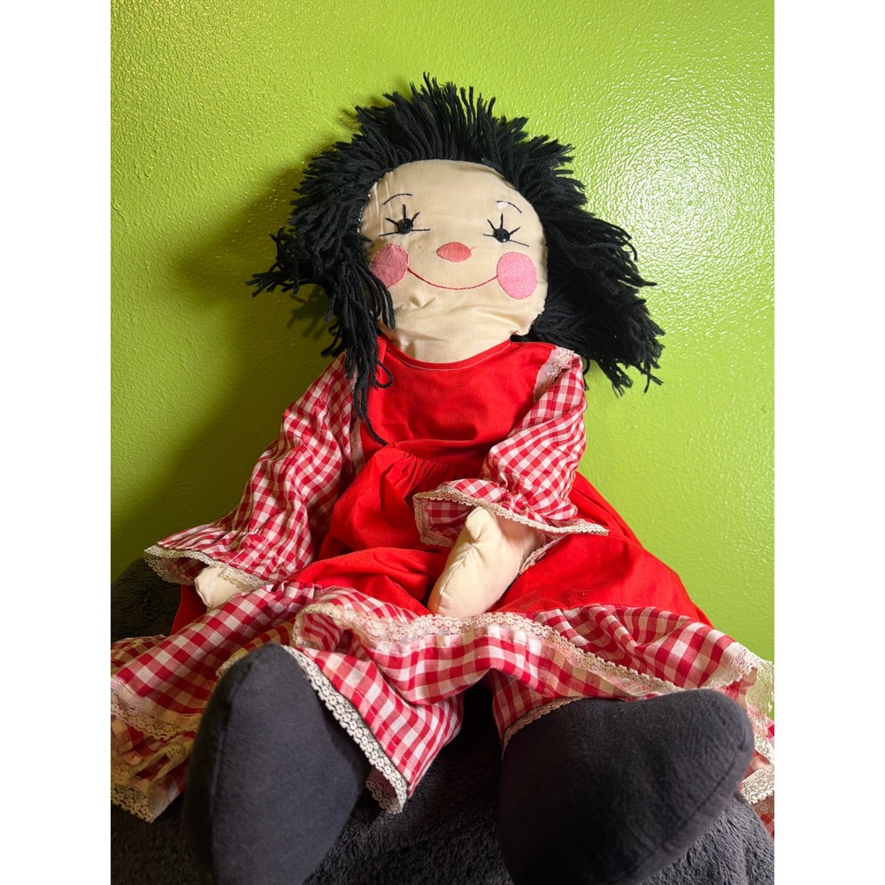 Vintage Handmade Rag Doll Red Gingham Checkered Dress Yarn Hair Folk Art Plush